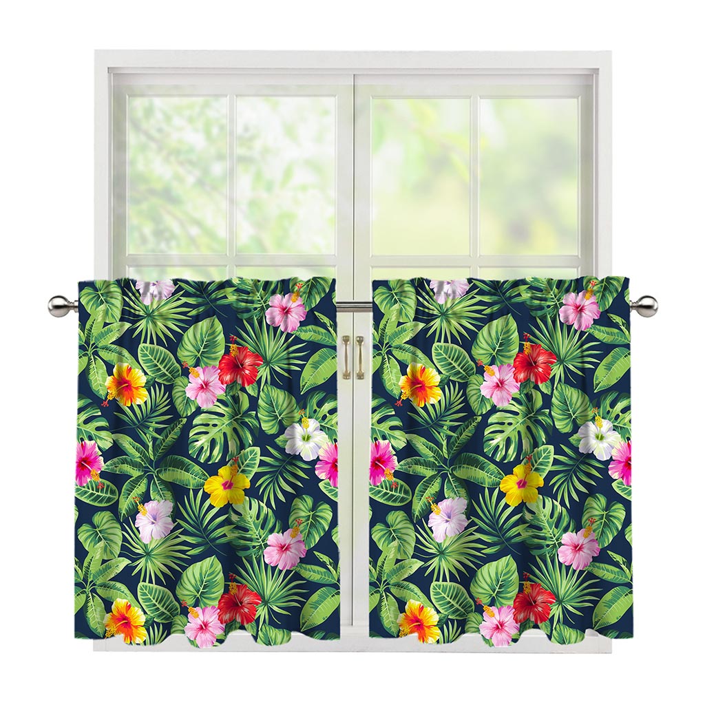 Tropical Hibiscus Flowers Pattern Print Tier Curtains