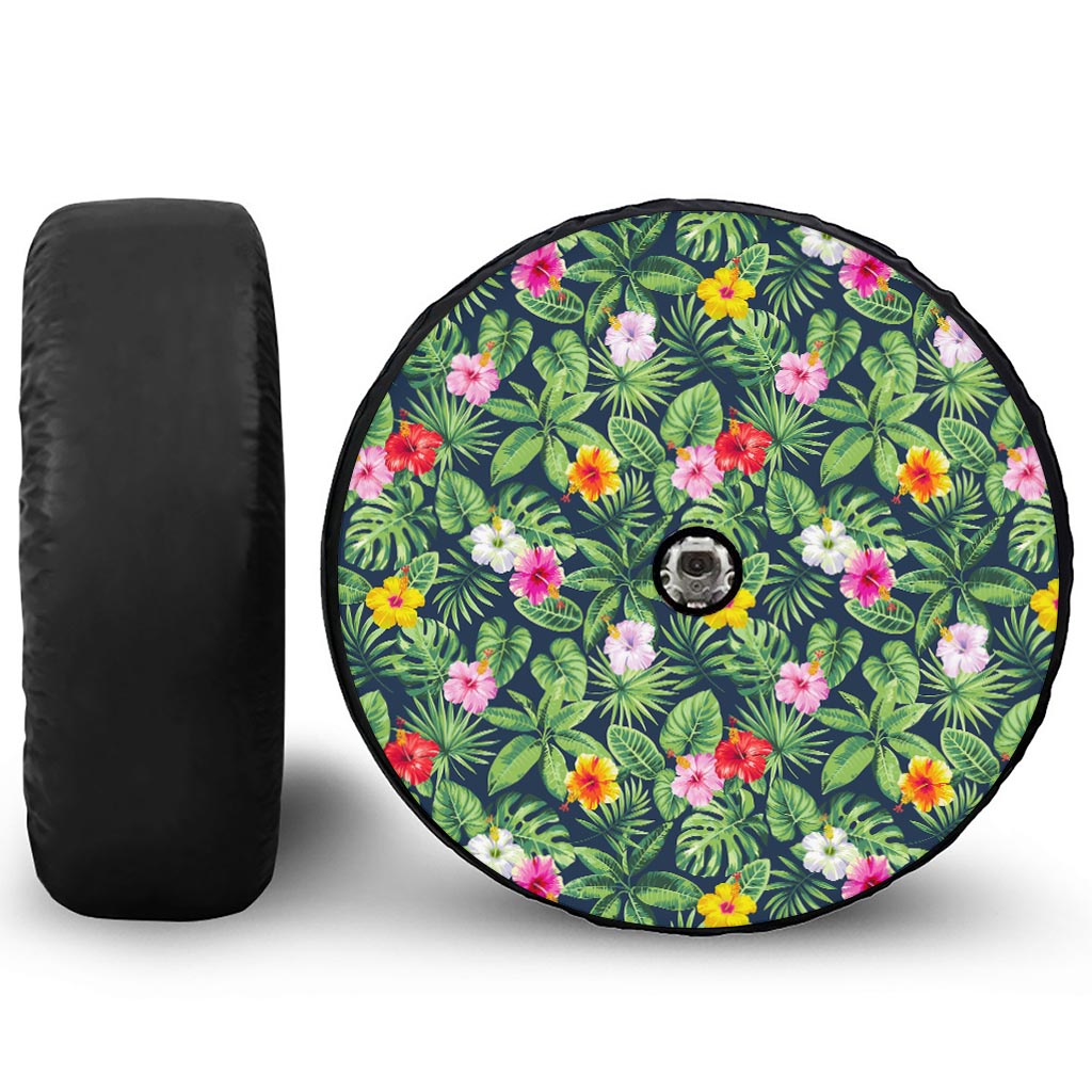 Tropical Hibiscus Flowers Pattern Print Tire Cover With Camera Hole