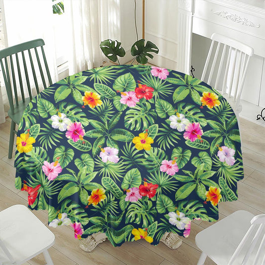 Tropical Hibiscus Flowers Pattern Print Waterproof Round Tablecloth