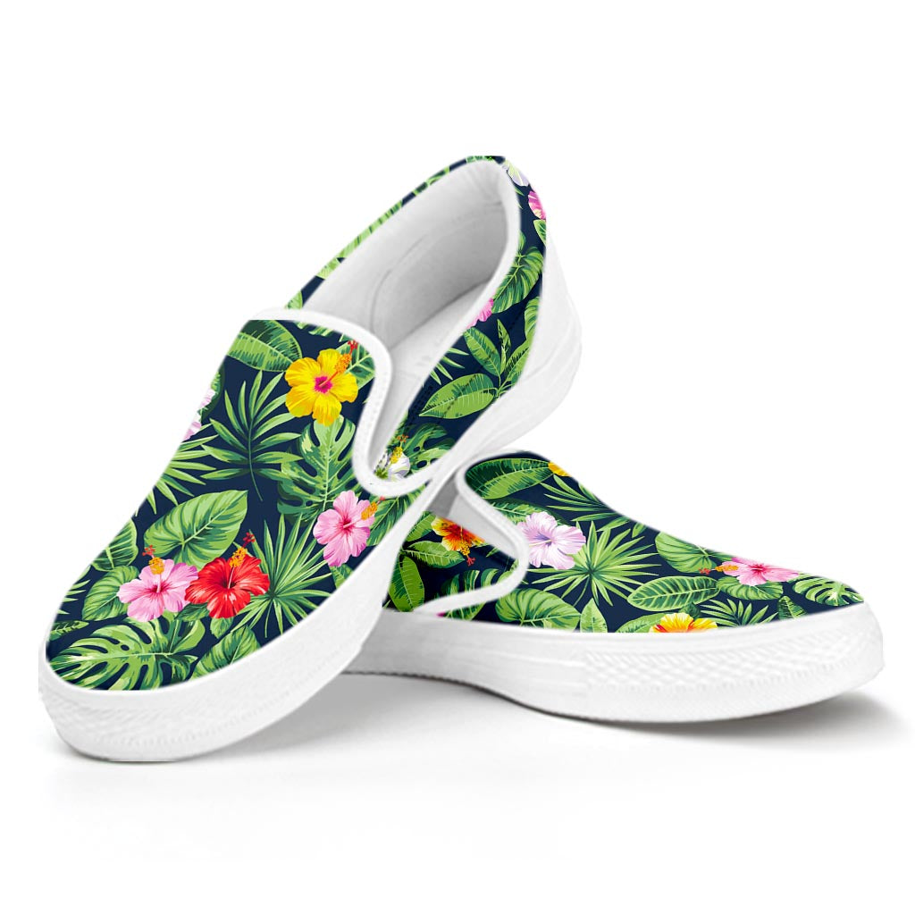 Tropical Hibiscus Flowers Pattern Print White Slip On Sneakers