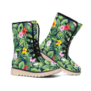 Tropical Hibiscus Flowers Pattern Print Winter Boots