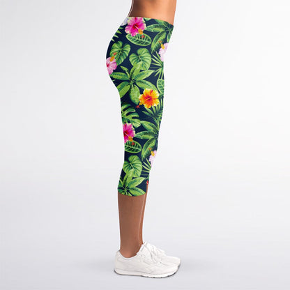 Tropical Hibiscus Flowers Pattern Print Women's Capri Leggings