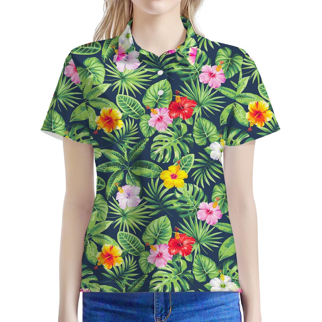 Tropical Hibiscus Flowers Pattern Print Women's Polo Shirt
