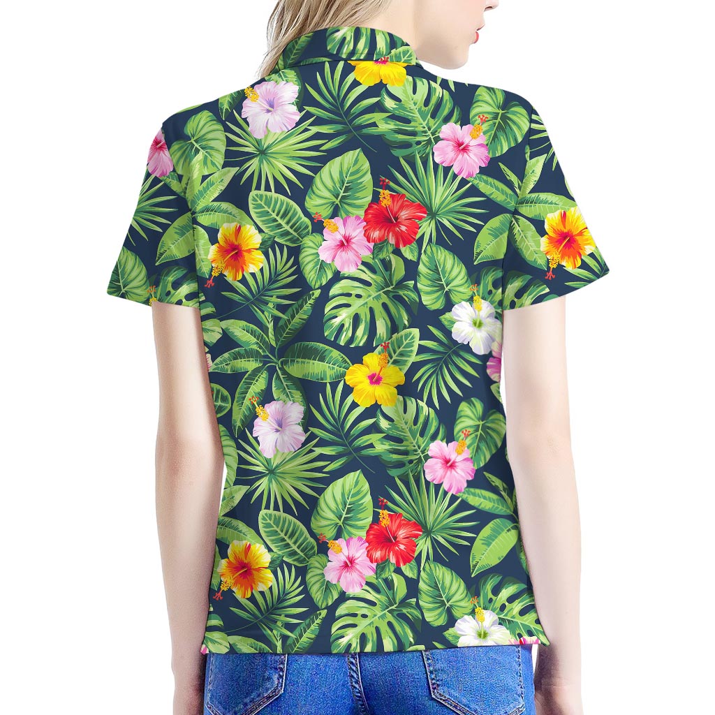 Tropical Hibiscus Flowers Pattern Print Women's Polo Shirt