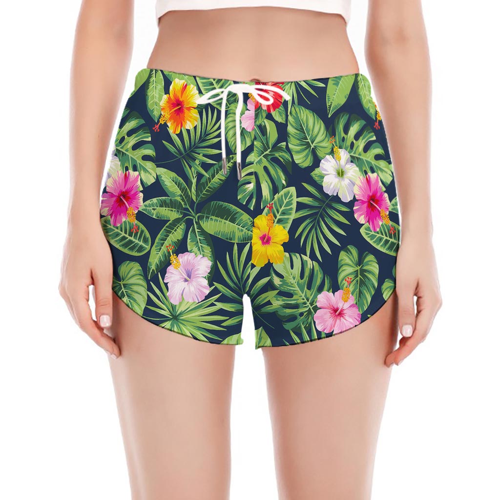 Tropical Hibiscus Flowers Pattern Print Women's Split Running Shorts