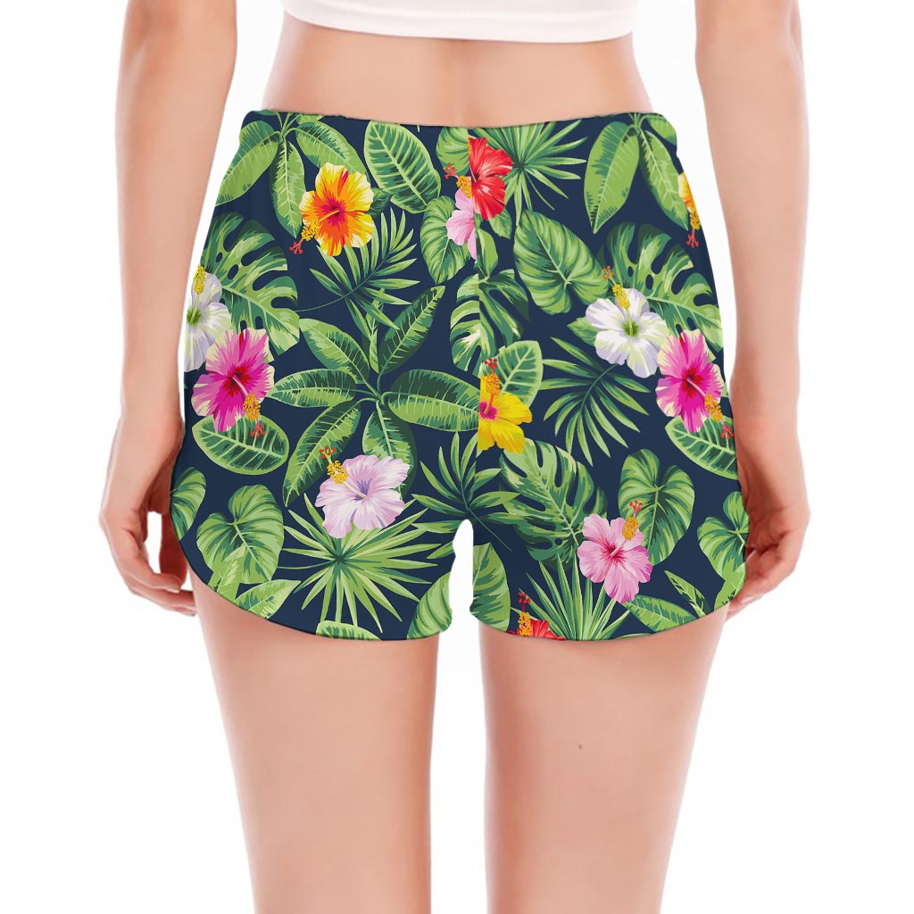Tropical Hibiscus Flowers Pattern Print Women's Split Running Shorts