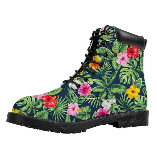 Tropical Hibiscus Flowers Pattern Print Work Boots
