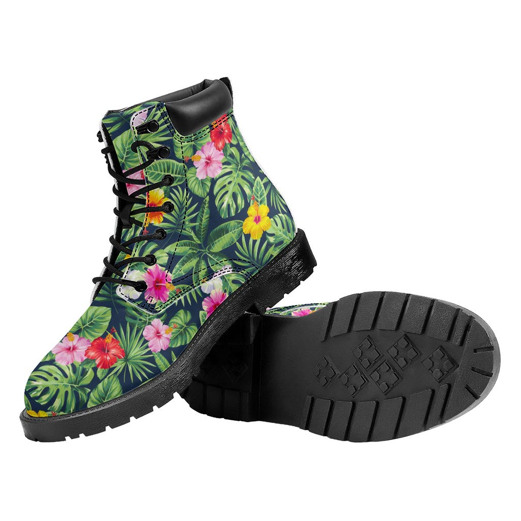 Tropical Hibiscus Flowers Pattern Print Work Boots
