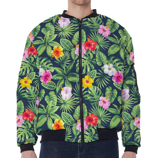 Tropical Hibiscus Flowers Pattern Print Zip Sleeve Bomber Jacket