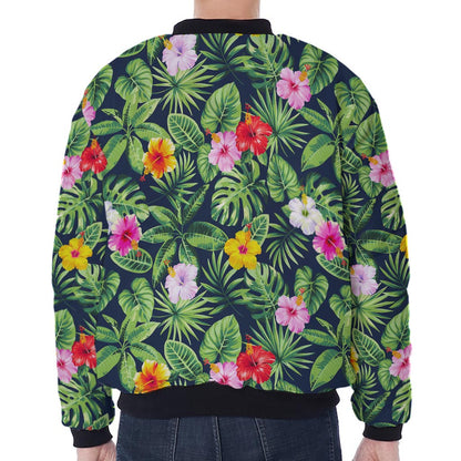 Tropical Hibiscus Flowers Pattern Print Zip Sleeve Bomber Jacket