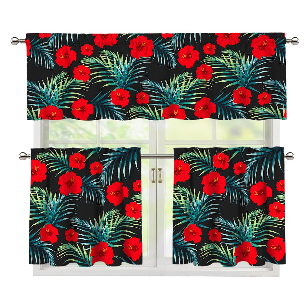Tropical Hibiscus Leaves Pattern Print 3 Piece Kitchen Curtains