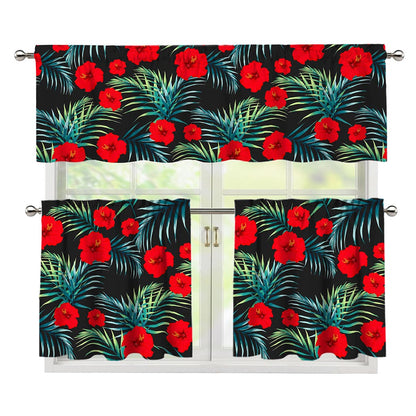 Tropical Hibiscus Leaves Pattern Print 3 Piece Kitchen Curtains
