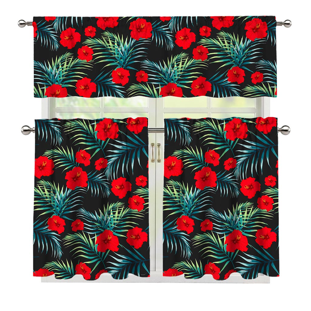 Tropical Hibiscus Leaves Pattern Print 3 Piece Kitchen Curtains