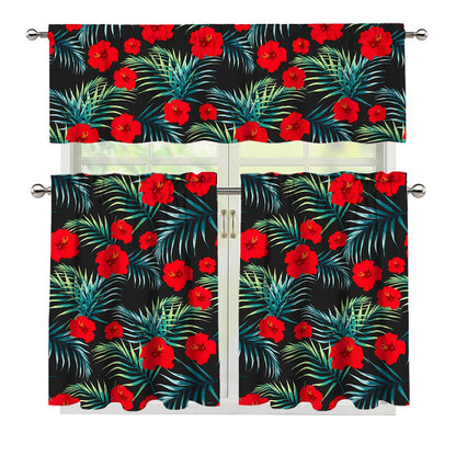 Tropical Hibiscus Leaves Pattern Print 3 Piece Kitchen Curtains