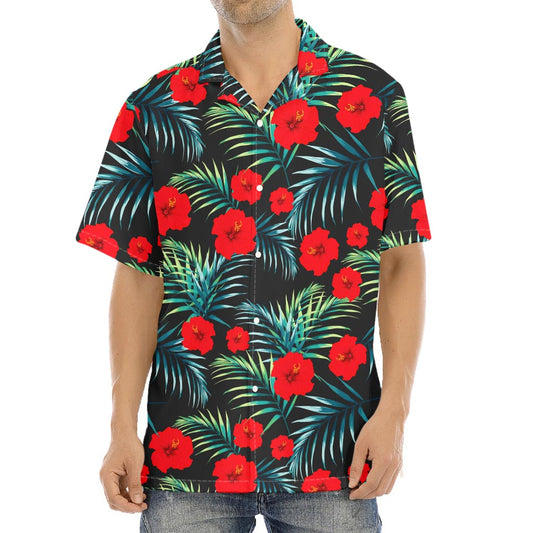 Tropical Hibiscus Leaves Pattern Print Aloha Shirt