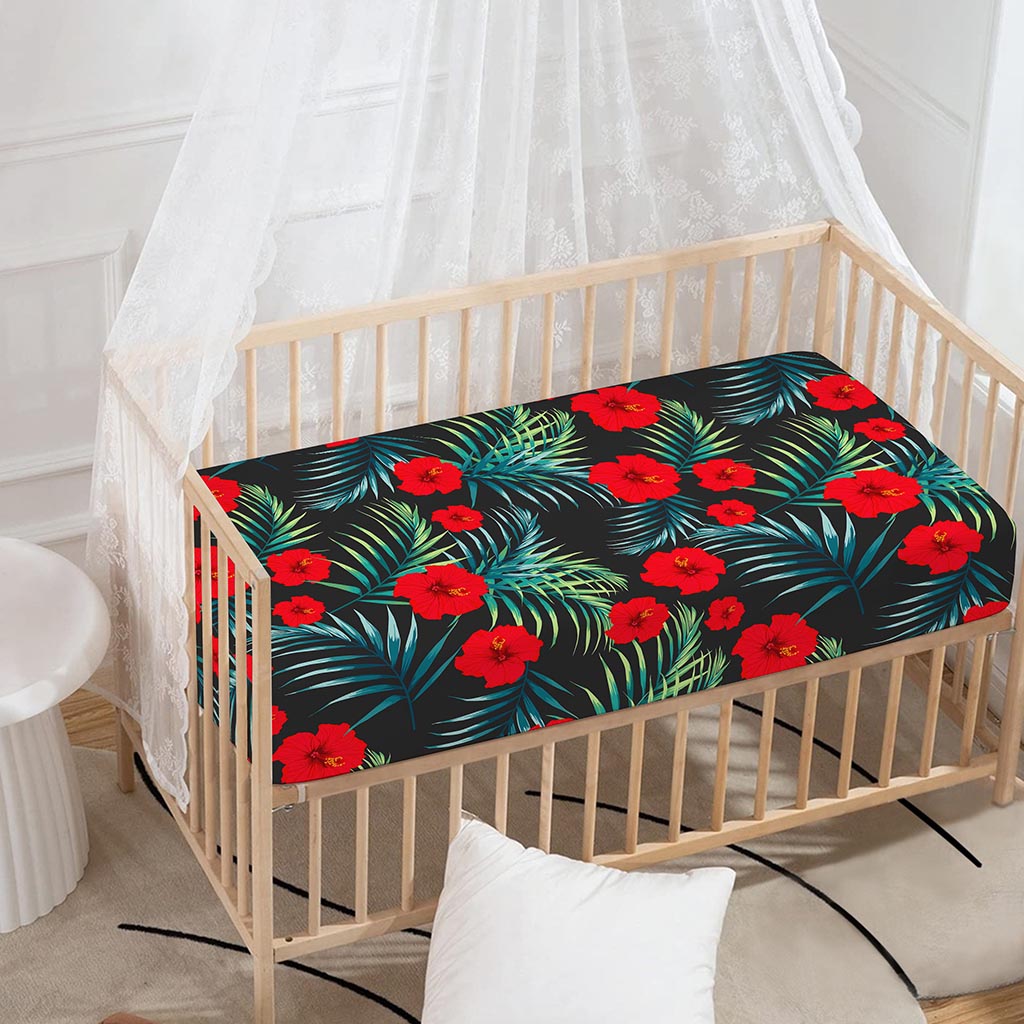 Tropical Hibiscus Leaves Pattern Print Baby Crib Sheet