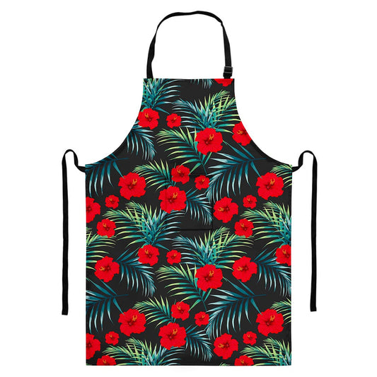 Tropical Hibiscus Leaves Pattern Print Bib Apron With Pocket
