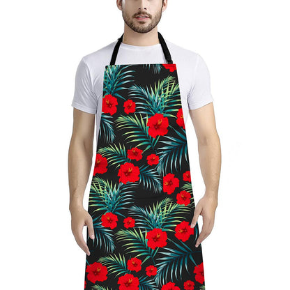 Tropical Hibiscus Leaves Pattern Print Bib Apron With Pocket