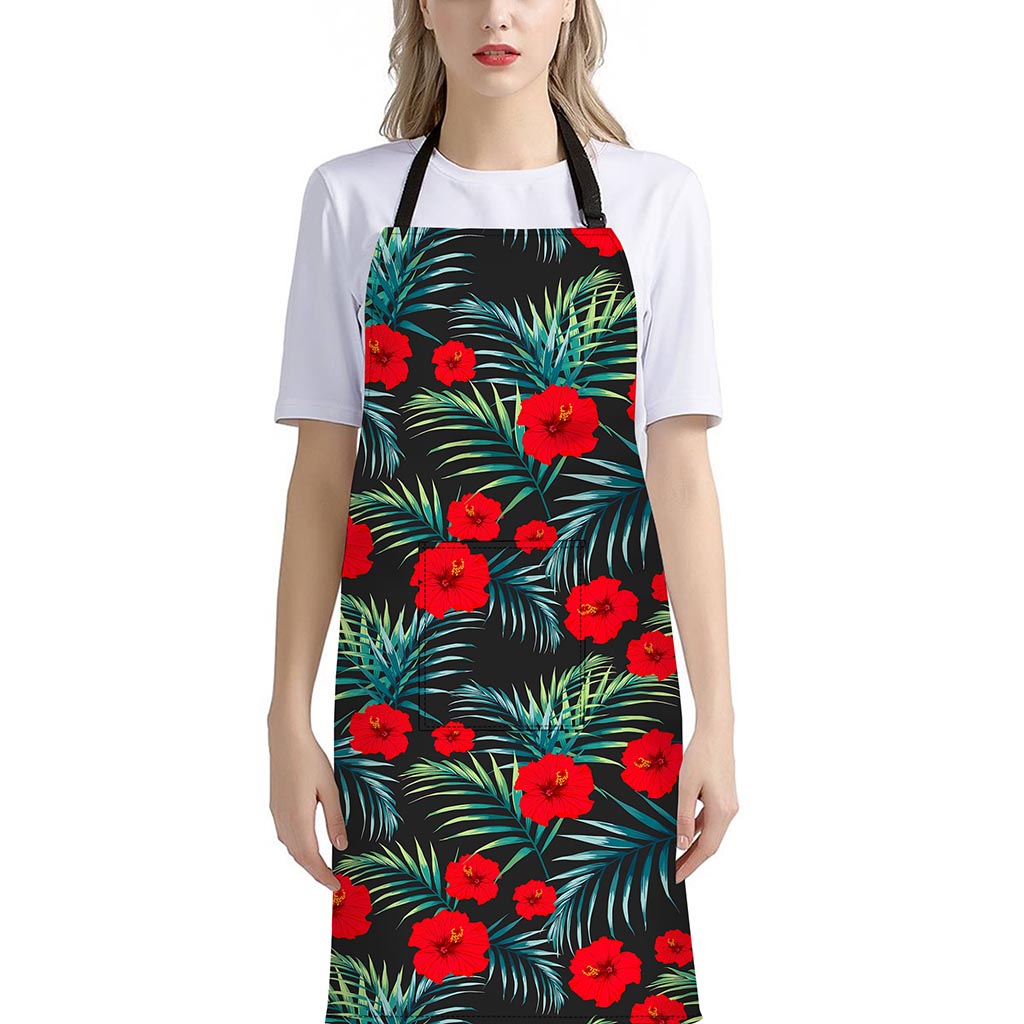 Tropical Hibiscus Leaves Pattern Print Bib Apron With Pocket