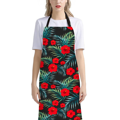 Tropical Hibiscus Leaves Pattern Print Bib Apron With Pocket