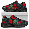 Tropical Hibiscus Leaves Pattern Print Black Chunky Shoes