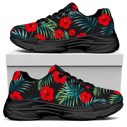 Tropical Hibiscus Leaves Pattern Print Black Chunky Shoes
