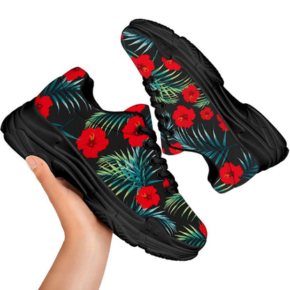 Tropical Hibiscus Leaves Pattern Print Black Chunky Shoes