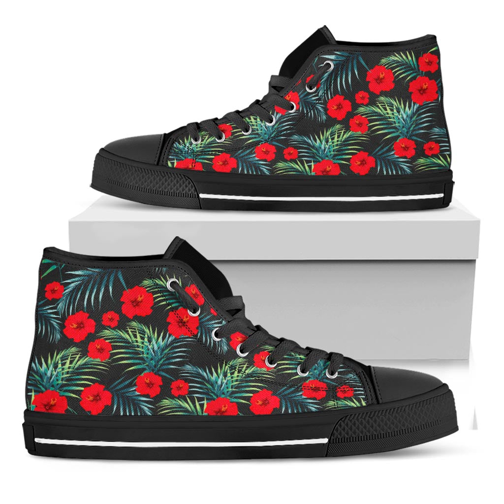 Tropical Hibiscus Leaves Pattern Print Black High Top Sneakers