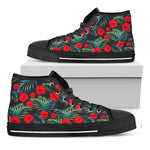 Tropical Hibiscus Leaves Pattern Print Black High Top Sneakers