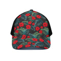 Tropical Hibiscus Leaves Pattern Print Black Mesh Trucker Hat