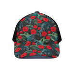 Tropical Hibiscus Leaves Pattern Print Black Mesh Trucker Cap