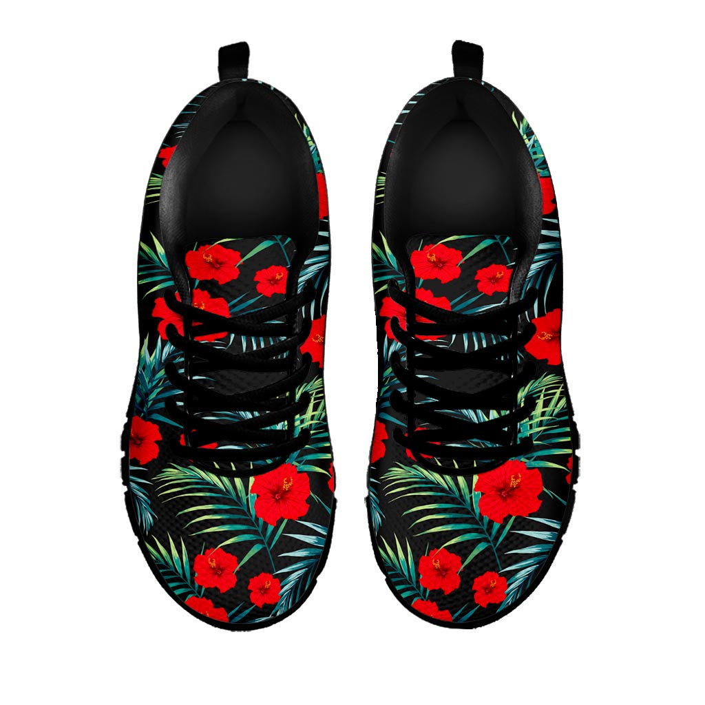 Tropical Hibiscus Leaves Pattern Print Black Running Shoes