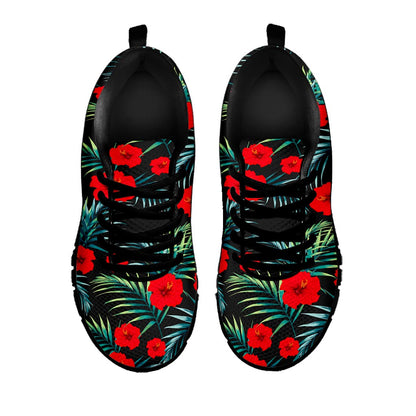 Tropical Hibiscus Leaves Pattern Print Black Running Shoes