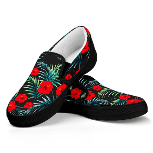 Tropical Hibiscus Leaves Pattern Print Black Slip On Sneakers