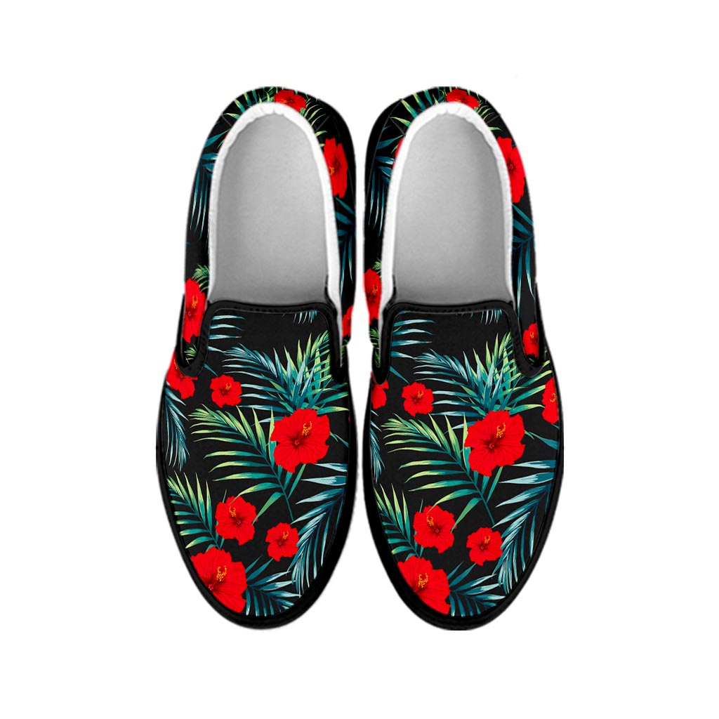 Tropical Hibiscus Leaves Pattern Print Black Slip On Sneakers