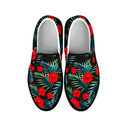 Tropical Hibiscus Leaves Pattern Print Black Slip On Sneakers