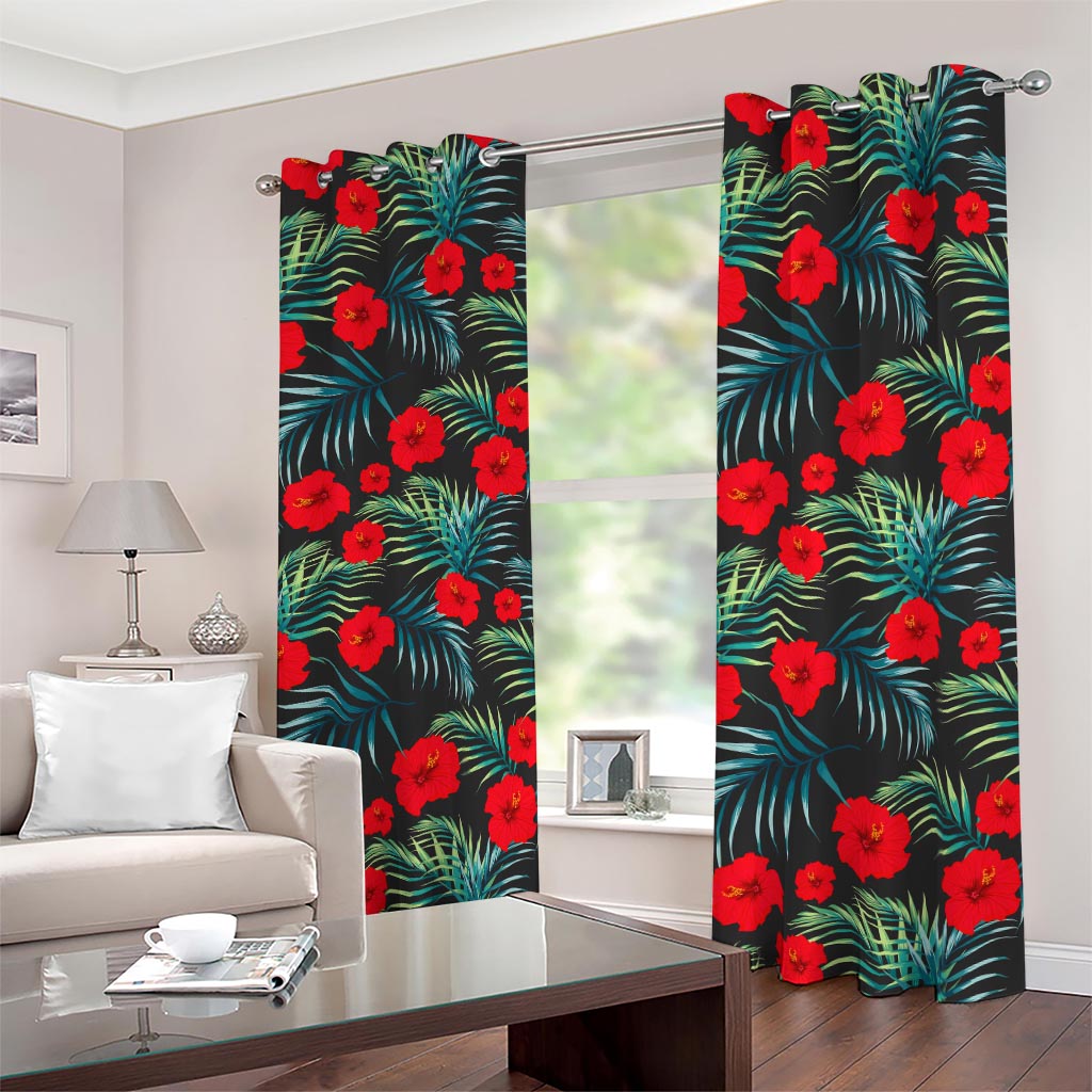 Tropical Hibiscus Leaves Pattern Print Blackout Grommet Curtains