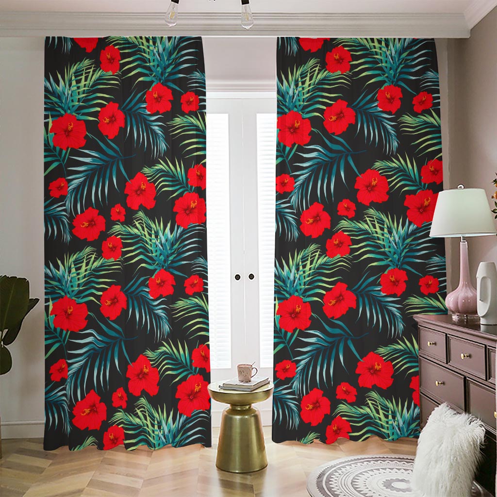 Tropical Hibiscus Leaves Pattern Print Blackout Pencil Pleat Curtains