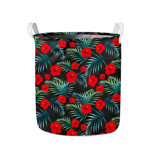 Tropical Hibiscus Leaves Pattern Print Collapsible Laundry Basket