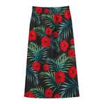 Tropical Hibiscus Leaves Pattern Print Cotton Front Slit Maxi Skirt