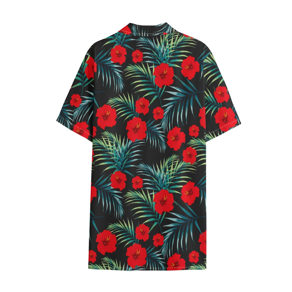Tropical Hibiscus Leaves Pattern Print Cotton Hawaiian Shirt