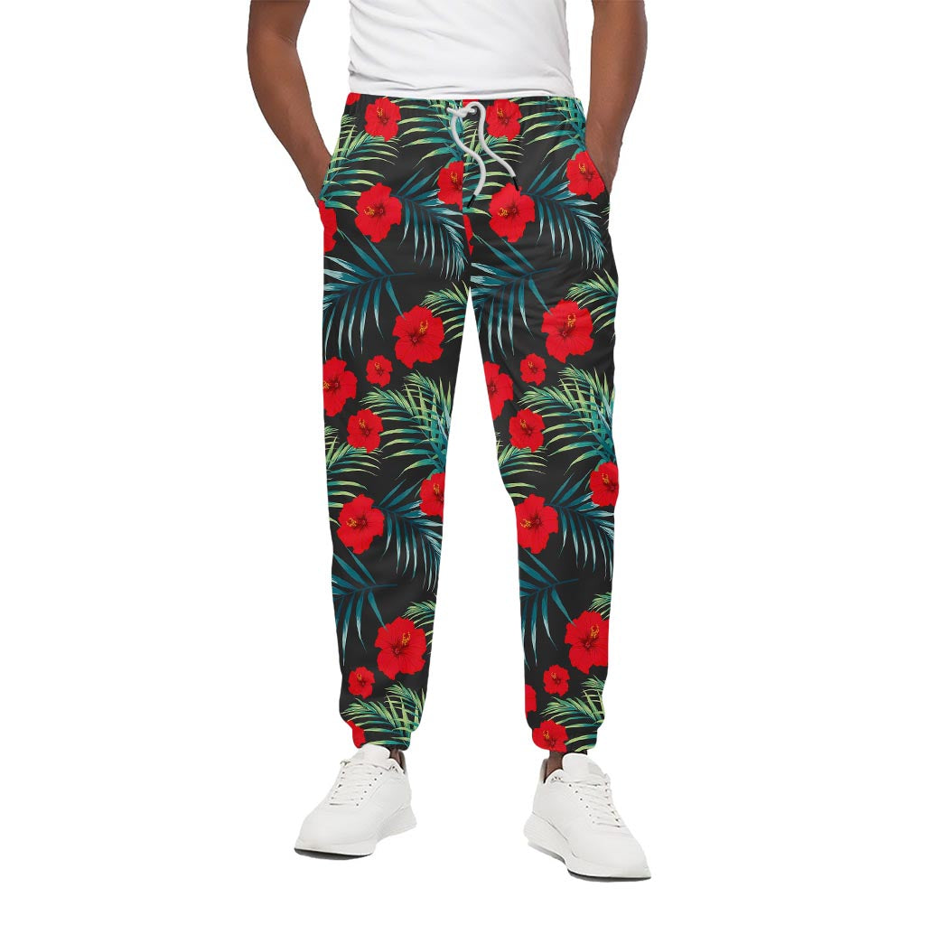 Tropical Hibiscus Leaves Pattern Print Cotton Pants