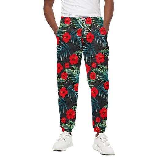 Tropical Hibiscus Leaves Pattern Print Cotton Pants