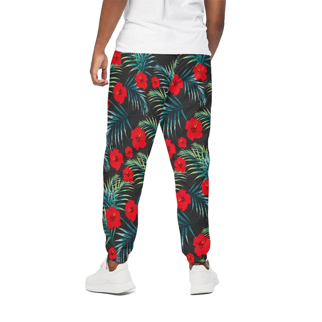 Tropical Hibiscus Leaves Pattern Print Cotton Pants