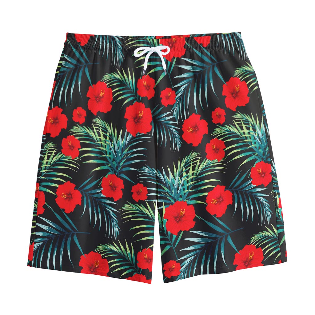 Tropical Hibiscus Leaves Pattern Print Cotton Shorts
