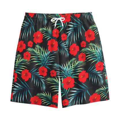 Tropical Hibiscus Leaves Pattern Print Cotton Shorts
