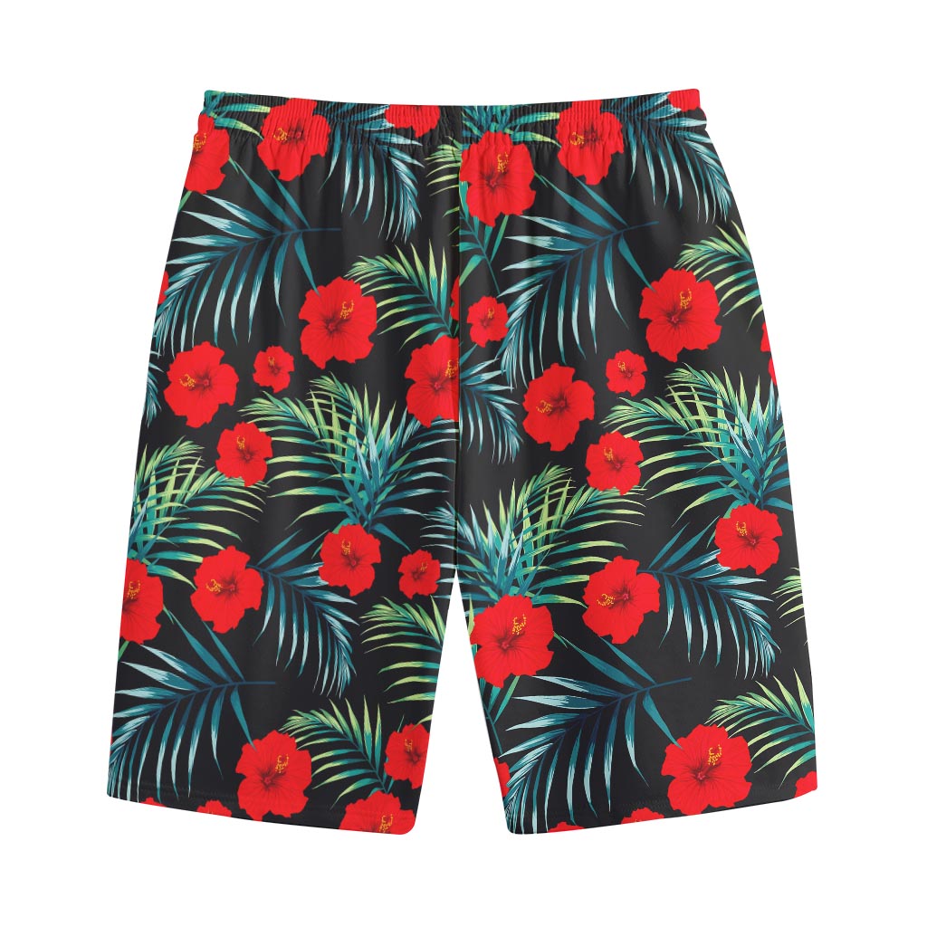 Tropical Hibiscus Leaves Pattern Print Cotton Shorts