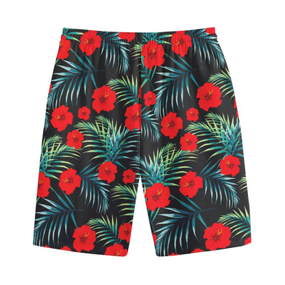 Tropical Hibiscus Leaves Pattern Print Cotton Shorts