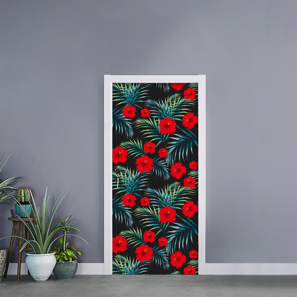 Tropical Hibiscus Leaves Pattern Print Door Sticker