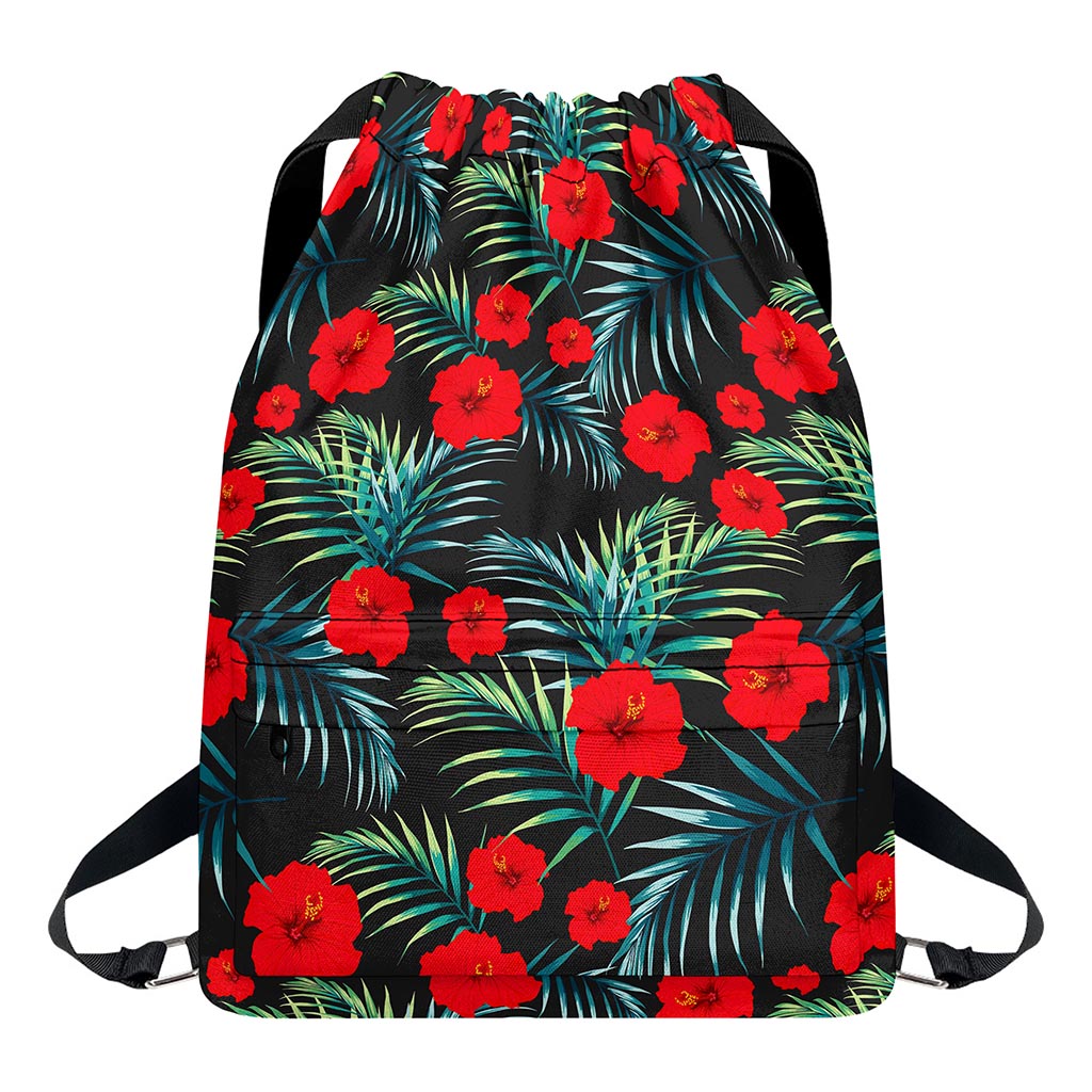Tropical Hibiscus Leaves Pattern Print Drawstring Backpack